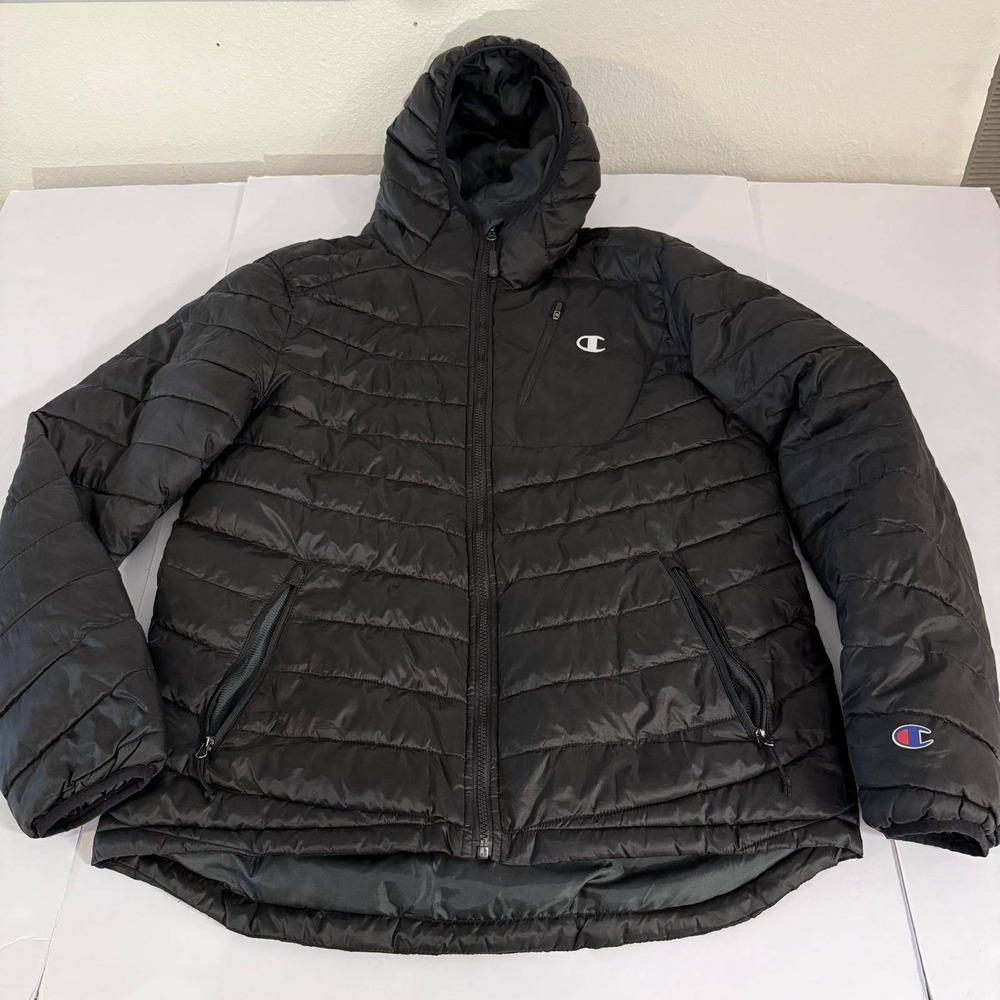 Champion Womens Black Quilted Puffer Jacket Hooded Full Zip Size M